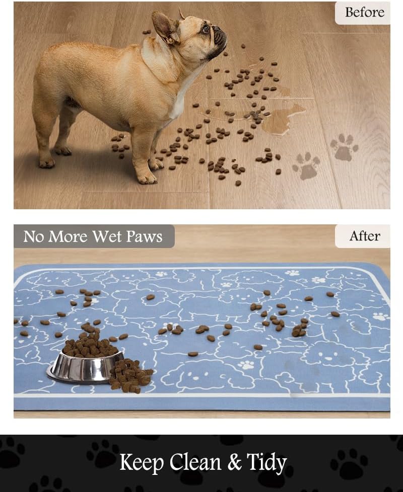 Pet Feeding Mat-Absorbent Dog Mat for Food and Water Bowl-No Stains Quick Dry Water Dispenser Mat-Dog Accessories Pet Supplies-Bowl for Messy Drinkers（BLUEDOGS,17"x34"
