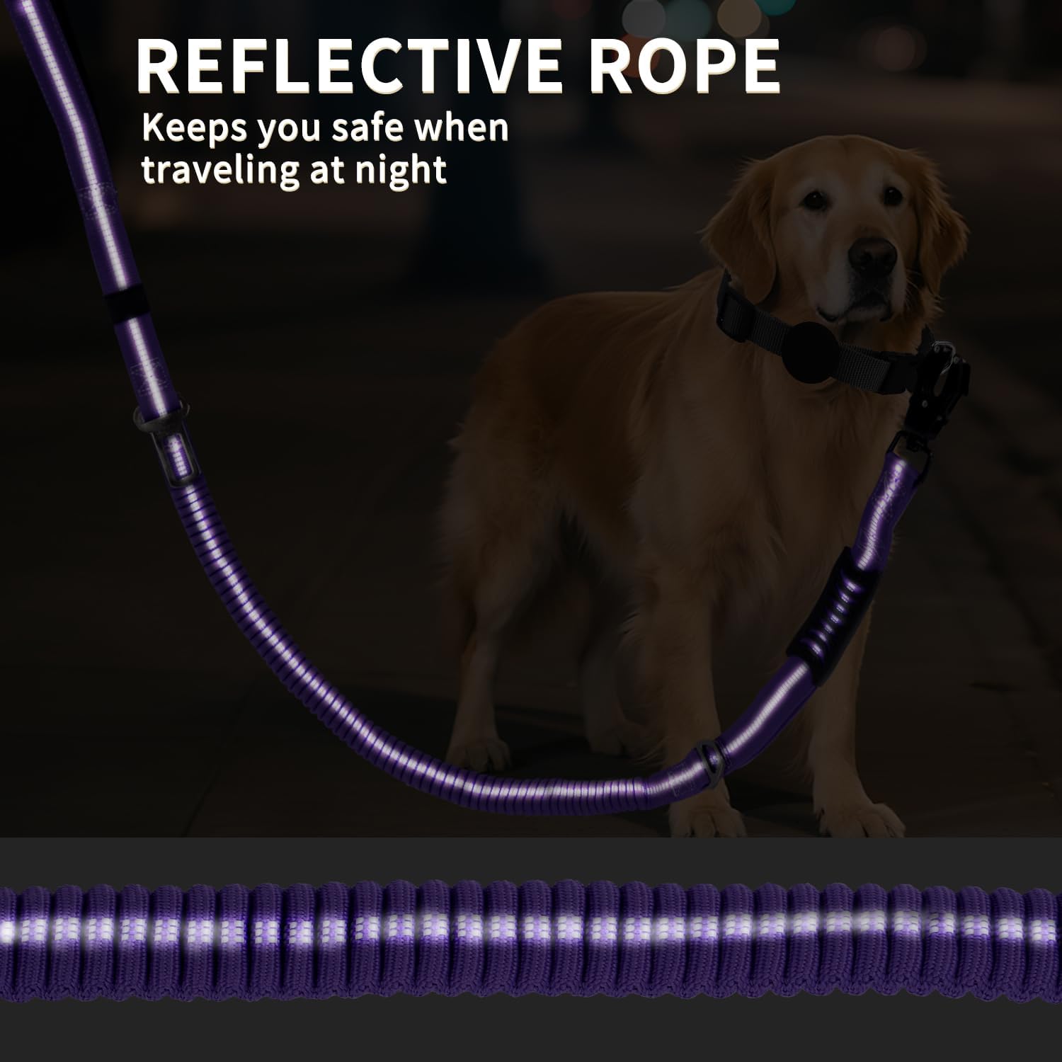 Heavy Duty Bungee Dog Leashes, 4-6FT Shock Absorbing Tactical Dog Leash with 2 Padded Handles, Metal Carabiner Clip,Car Seatbelt, Reflective Dog Leash for Medium Large Dogs (Purple)