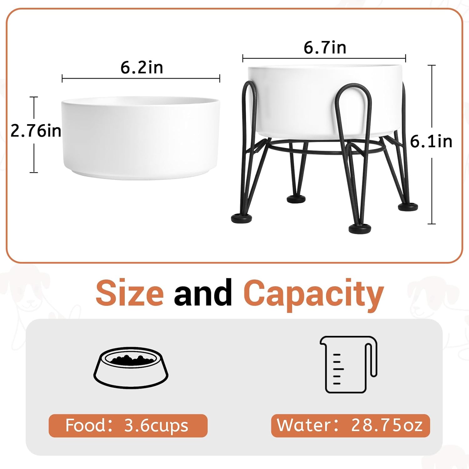 Elevated Dog Bowls, Ceramic Raised Dog Bowl Set with Anti-Slip and Non-Tip Metal Stand, 2 Pack Pet Food and Water Feeding Bowls for Small and Medium Dogs (White,3.6 Cups)