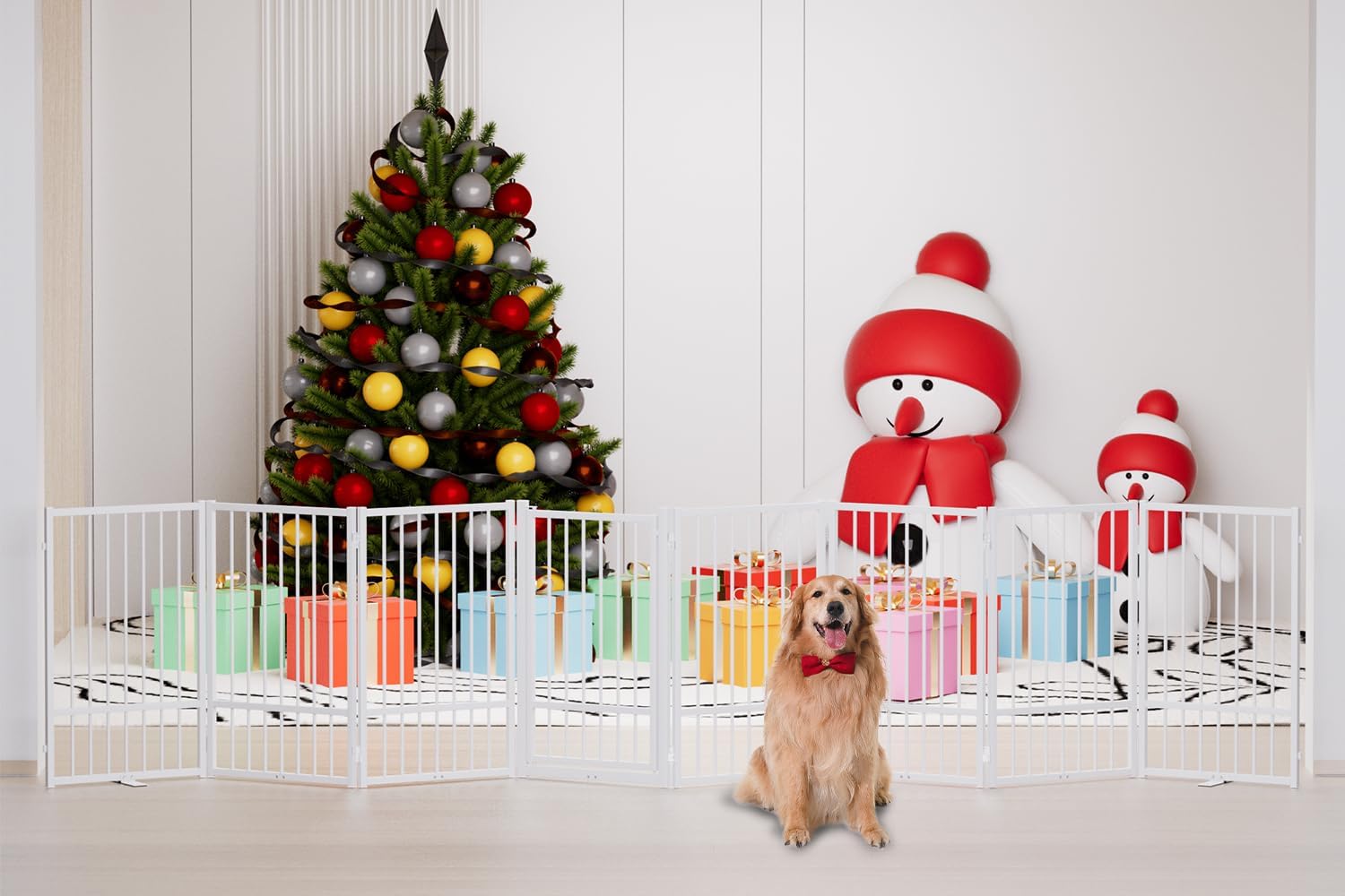 Full Metal Freestanding Dog Gate with Door, 32''Height Foldable Pet Dog Fence for Indoor & Outdoor, 8 Panels Extra Wide Free Standing TallDog Gates for Doorways,House,Stairs,Porch,Deck,Yard