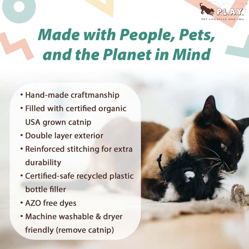P.L.A.Y. Cute Plush Cat Toys - Feline Frenzy Animal Critter Themed Catnip Filled Toy, Great for Adult Cats and Kittens - Machine Washable, Recycled Materials, Crinkles, Rope Knots (Frisky Furball)
