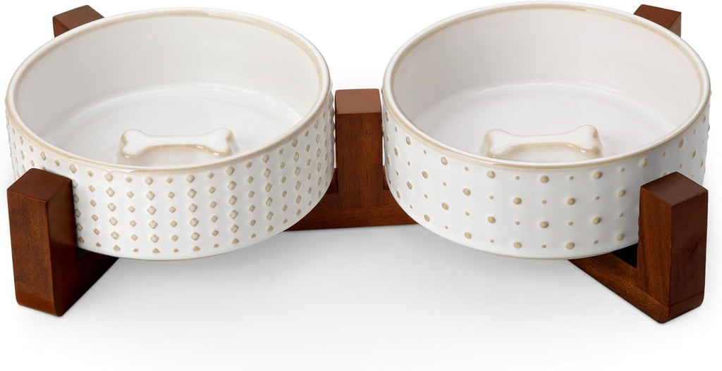 MALACASA Dog Bowl Set with Walnut Wood Stand, 1.5 Cups Ceramic Pet Bowls for Puppy Dogs, Dual Food and Water Bowls with Weighted Non-Slip Base, Basic Bowls for Your Dog or Cat, Rhombic & Polka Dots