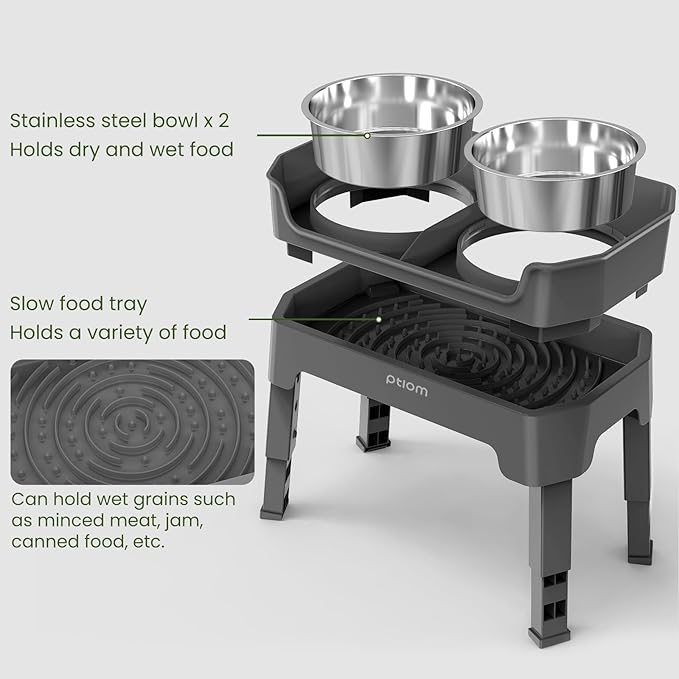 KPWACD 3-in-1 Elevated Dog Bowls Mess Proof Raised Slow Feeder Dog Bowls, 4 Height Adjustable Stand Licking Plate with 2 56oz Stainless Steel Doggy Food Dish for Small Medium Large Pets