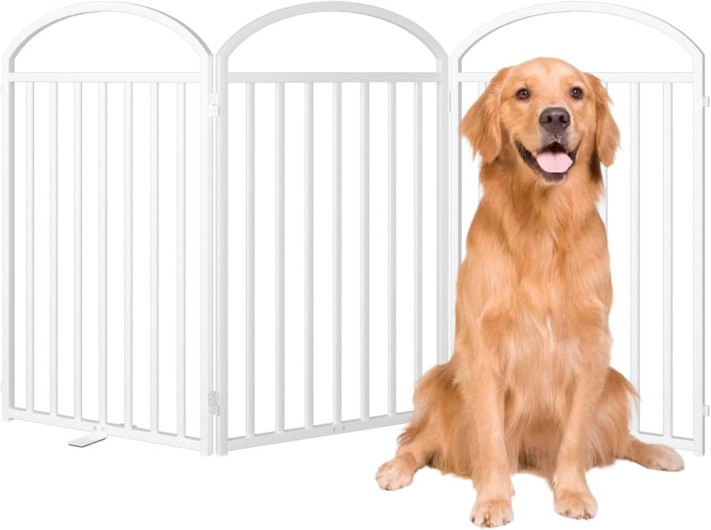 3 Panles Full Matel Freestanding Dog Gates with Door, 72"Extra Wide 32"Tall Free Standing Dog Pet Gate for Indoor & Outdoor. Foldable Pet Fences for Doorways, House, Stairs, Porch, Deck, Yard