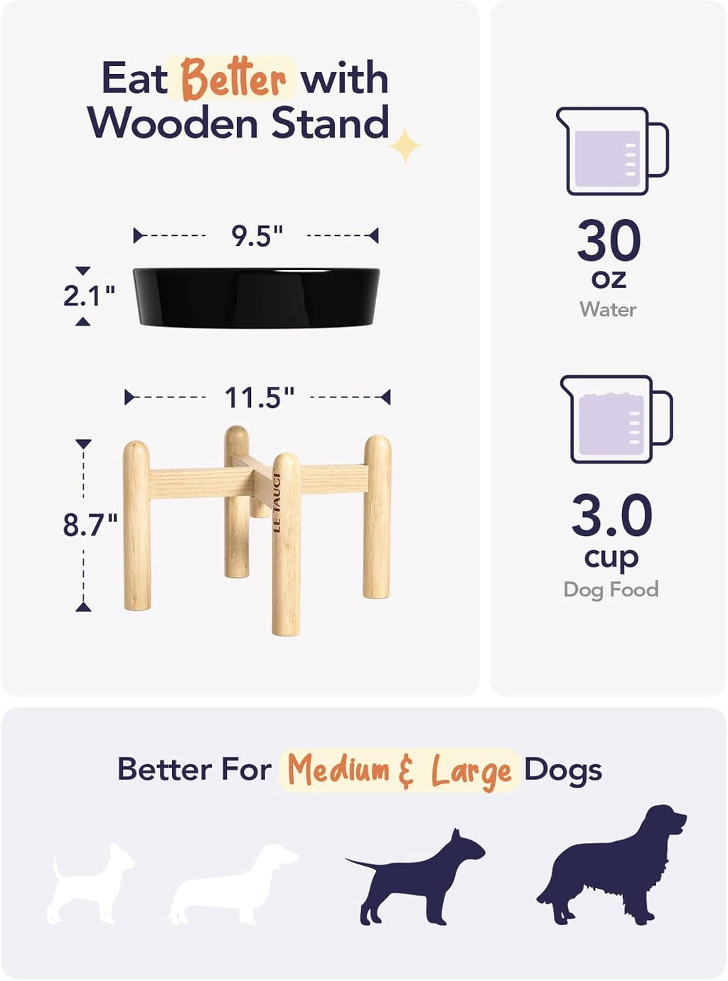 LE TAUCI Ceramic Slow Feeder Dog Bowls Elevated, 3 Cup Raised Bowl with Wooden Stand for Medium Large Breed, Slow Down Eating, Puzzle Dog Food Bowl,Skull Black