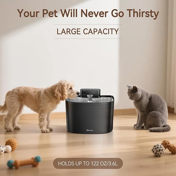 Cat Water Fountain, App Control Wireless Cat Fountain, 122oz/3.6L Pumpless Water Fountains for Cats Indoor with Stainless Steel Tray, Wi-Fi Dog and Pet Water Fountain (Black, Fountain+2 Fliters)