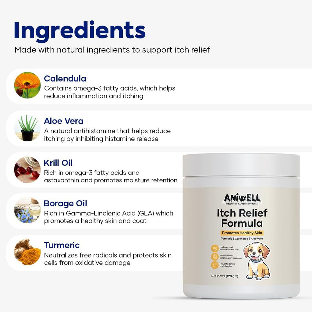 Itch Relief Formula for Dogs – Vitamin E & Borage Oil Supplement – Packed with Beneficial Fatty Acids for Healthy Skin – Seasonal Allergies Support Chews | Pack of 2