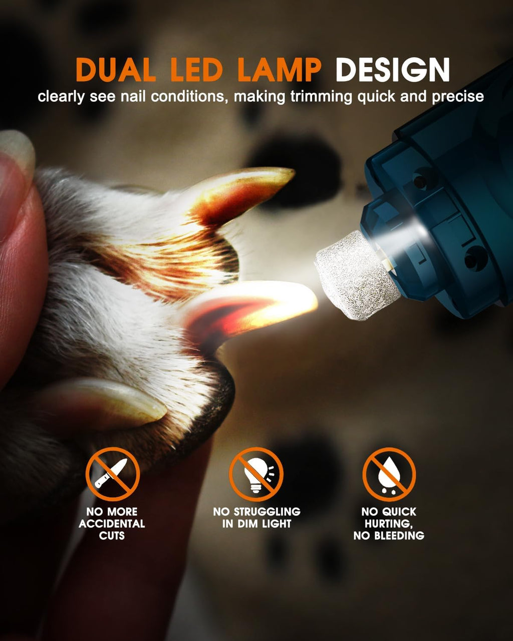 Dog Nail Trimmers and Dog Nail Clippers Kit, Whisper Quiet Electric Grinder with Light, for Small, Medium, Large Dogs, Cats Toenail Grooming, 3 Speeds