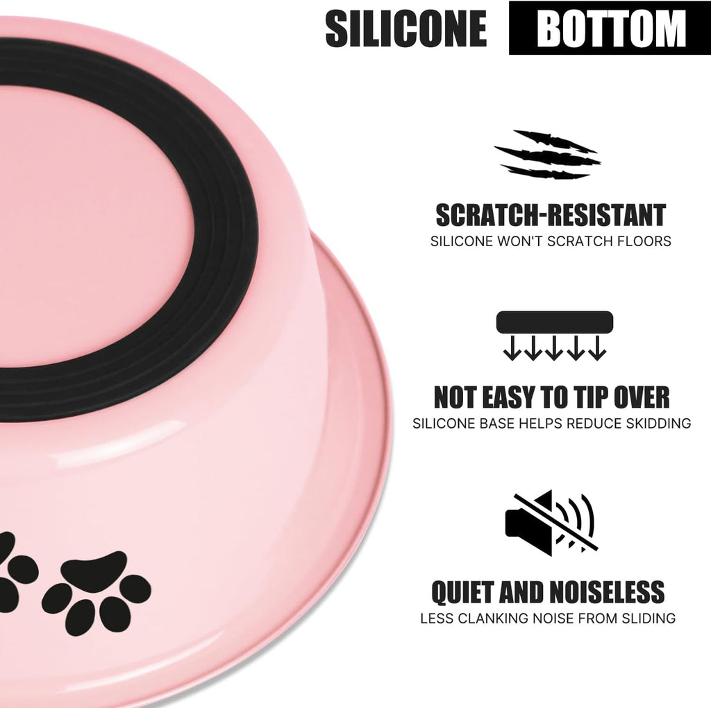 Stainless Steel Dog Bowls, Nonslip Rubber Bottom No Spill Proof Skid Metal Insulated Dog Bowls for Large Medium Small Breed Dogs (Pink, 8.5 Cups/71 OZ)