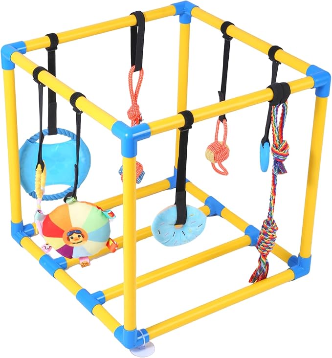 Puppy Play Gym with 8 Hanging Toys for Small Dogs Cats, 19.5 inch Indoor Puppies Jungle Playground with Suction Cups, Interactive Funny Enrichment Activity Center to Keep Them Busy, PVC Frame