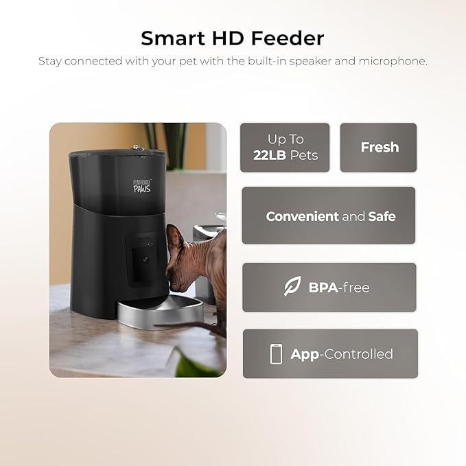 Smart HD Automatic Cat Feeder with 1080P Camera & Night Vision, 2-Way Audio, WiFi App Control, Anti-Jam 6L Cat Feeder with Backup Power, Easy to Clean, Up to 15 Meals for Cat & Dog, Black Stainless