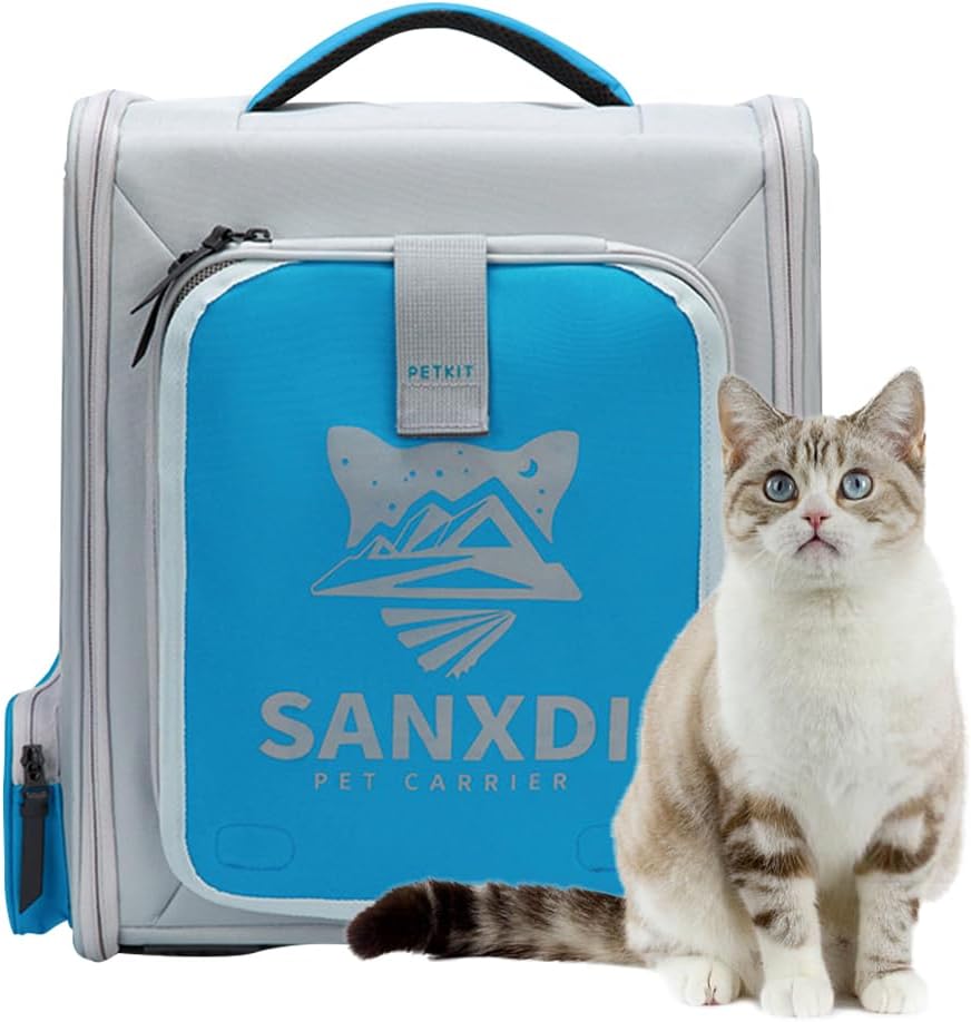 Expandable Pet Backpack, Cat Backpack with Breathable Mesh, Collapsible Soft Cat Travel Bag for Outdoor Hiking, Large Space Dog Backpack(Blue)