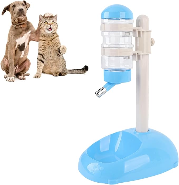 Pet Standing Water Dispenser, Height Adjustable Automatic Water Feeder Food Feeder Bowl, 500ml Dog Water Bottle Dispenser, Dog Cat Feeding Water Bowl Set (Blue)