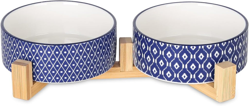 Selamica Ceramic 14 OZ Dog Bowls with Wooden Stand, Anti-Slip Dog Dishes Set for Cats & Small Dogs, Weighted Pet Bowls Set of 2, Vintage Blue