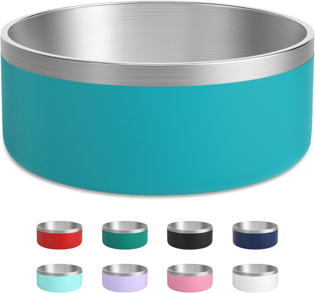 Stainless Steel Dog Bowl - Metal Water and Food Dish for Large Dogs, Insulated, Non-Slip, Easy Clean, 64oz, LakeBlue