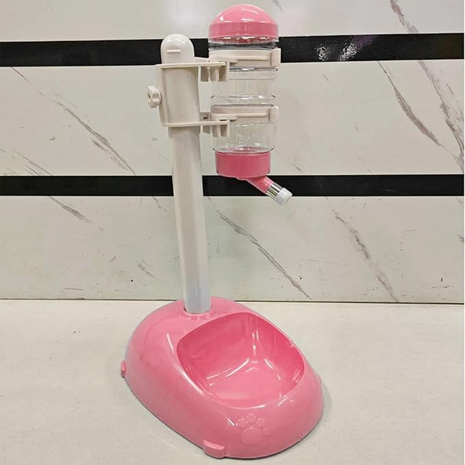 Pet Standing Water Dispenser, Height Adjustable Automatic Water Feeder Food Feeder Bowl, 500ml Dog Water Bottle Dispenser, Dog Cat Feeding Water Bowl Set (Pink)