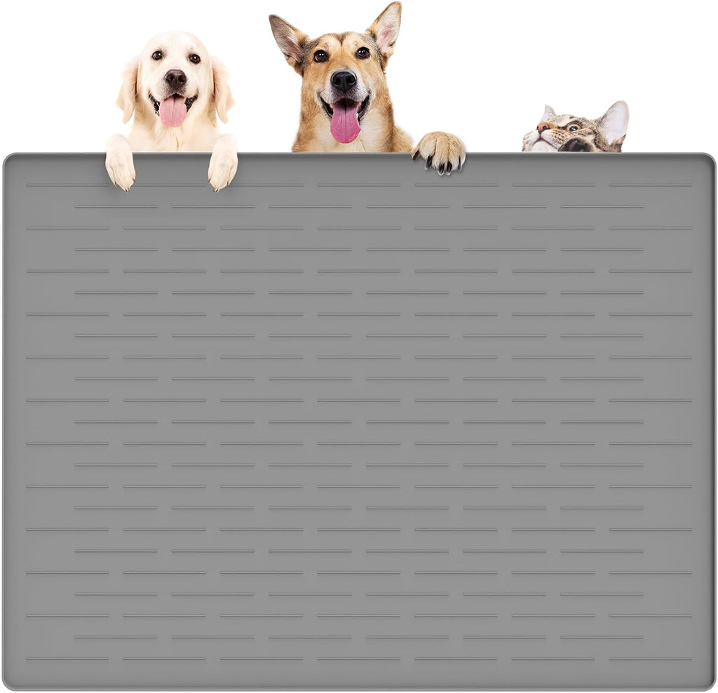 39.4"x29.5" Large Pet Food Mat, Silicone Dog Mats for Food and Water, Nonslip Pet Feeding Mats for Floors,Dog Cat Bowl Mat with Raised Edges, Light Gray