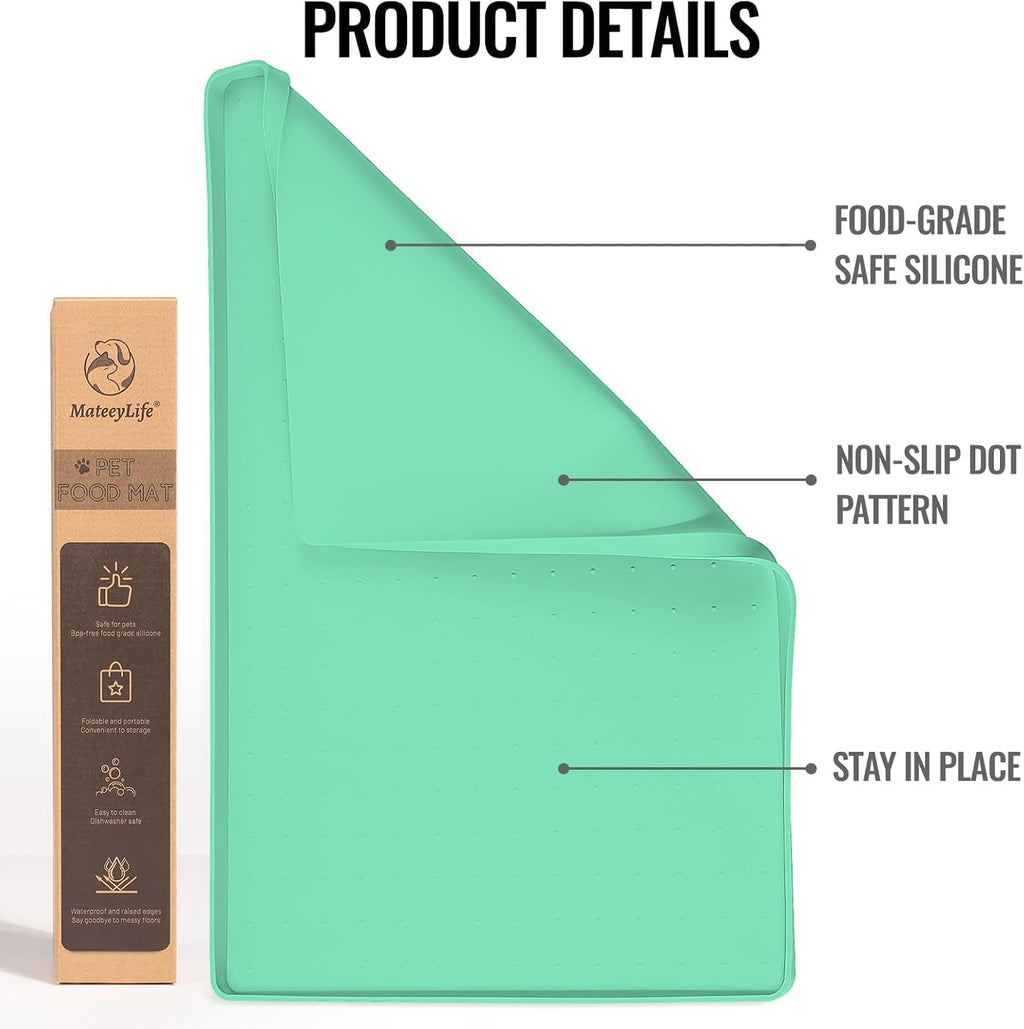 MateeyLife Dog & Cat Food Mat - Waterproof, Nonslip Dog Bowl Mats with Raised Edges, Silicone Matt Tray for Messy Drinkers, 22"x14", MintGreen