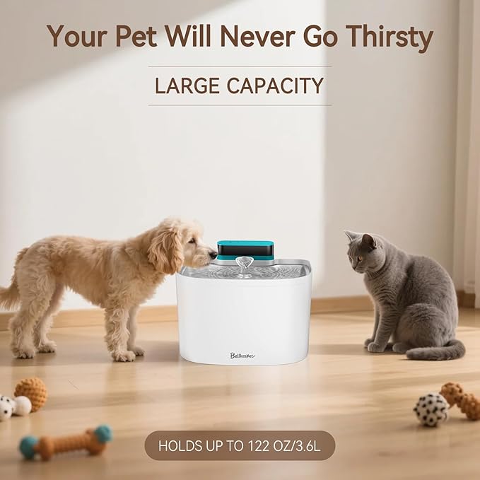 Cat Water Fountain, 122oz/3.6L Pumpless Wireless Cat Fountain, Cordless Water Fountains for Cats Indoor, Dog Pet Water Fountain Battery Operated with Stainless Steel Tray (White, Fountain+8 Fliters)