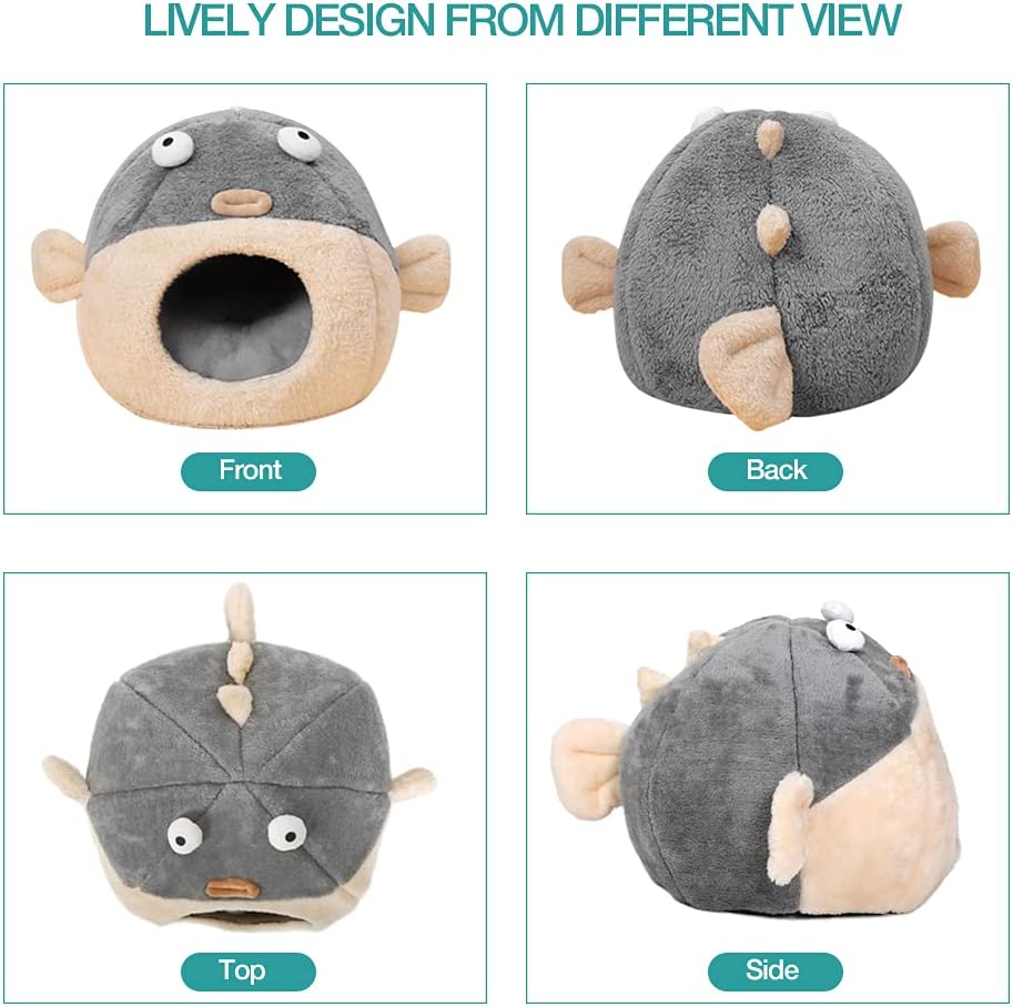 Cat Beds for Indoor Cats - Cat Bed Cave with Removable Washable Cushioned Pillow,2 in 1 Super Soft Animal-Shape Cat Tent for Kitten and Small cat, Lively Pufferfish cat beds & Furniture, Grey(M)