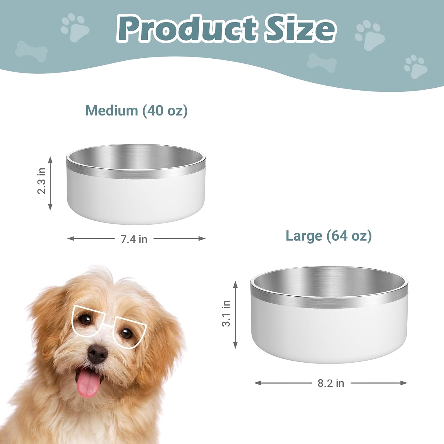 LIANLAI Dog Bowls Large Sized Dishes, Rust-Resistant Stainless Steel Dog Bowls, No Spill Pet Water Bowl, Double-Walled Puppy Bowl (White，64 oz)