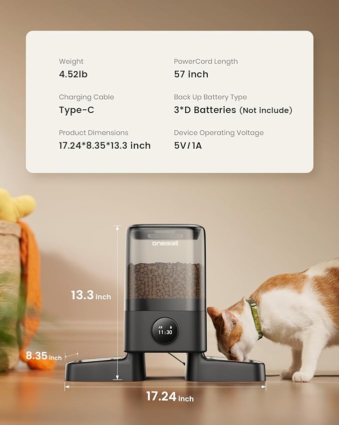 oneisall Automatic Cat Feeder for 2 Cats, 20 Cups/5L Auto Cat Feeder, Automatic Cats Food Dispenser for Small Pets Indoor, Timed Pet Feeder for Dry Food