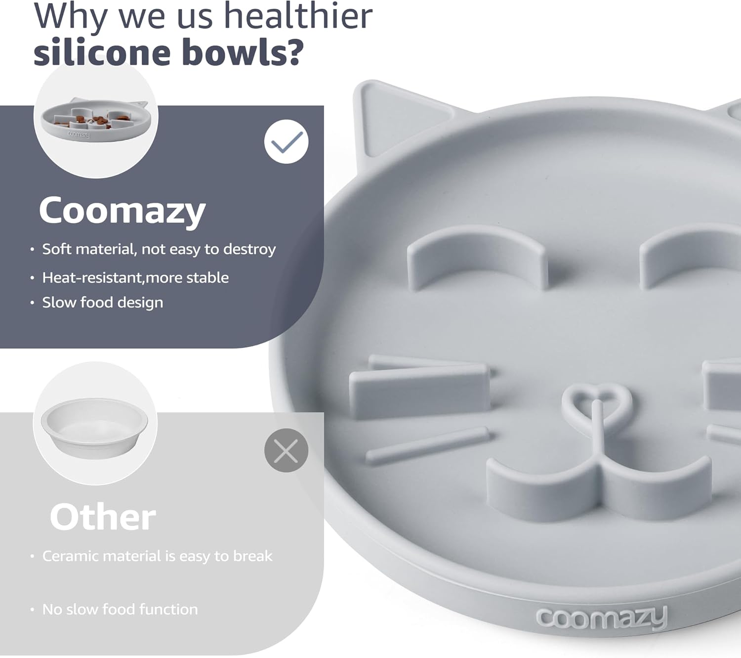 Coomazy Silicone Slow Feeder Dog Cat Bowls, Interactive Puzzle Toy for Pets Dry/Wet Food Training, Keeps Dogs Cats Busy, Prevents Puppy Kitty Overeating (Grey, 0.8 Cup)