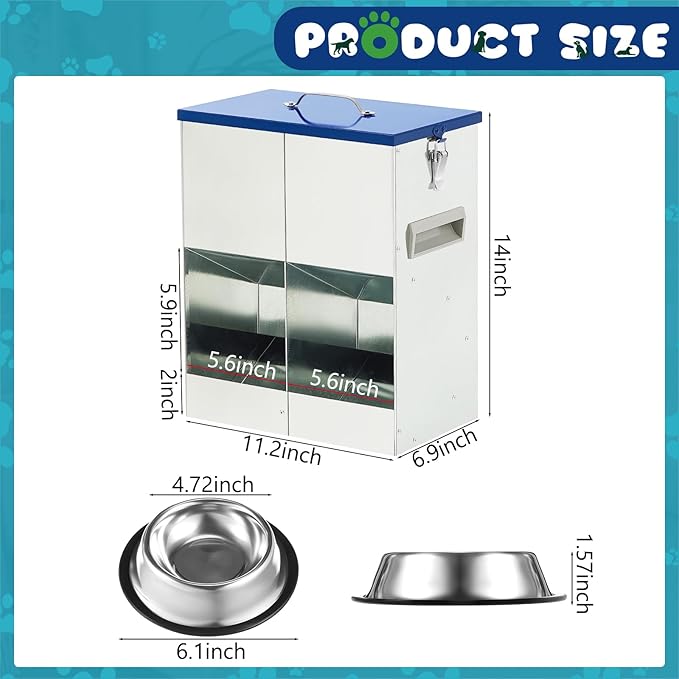 Automatic Feeder for 2 Cats Outdoor Galvanized 42cups/10l Double Feeder with 2 Stainless Steel Water Bowls for Small Pets Cats Dogs Outdoor Indoor Dry Food Dispenser