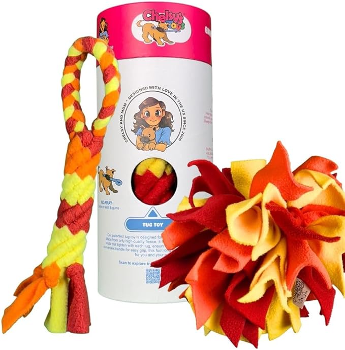 Chelsy's Toys 3-in-1 Enrichment Tube for Puppies - Tug Toy, Treat Dispenser & Snuffle Ball | Tug of War | Interactive Puppy Treat Puzzle for Small Dogs & Pup's| Wet/Freeze Teether(Orange)