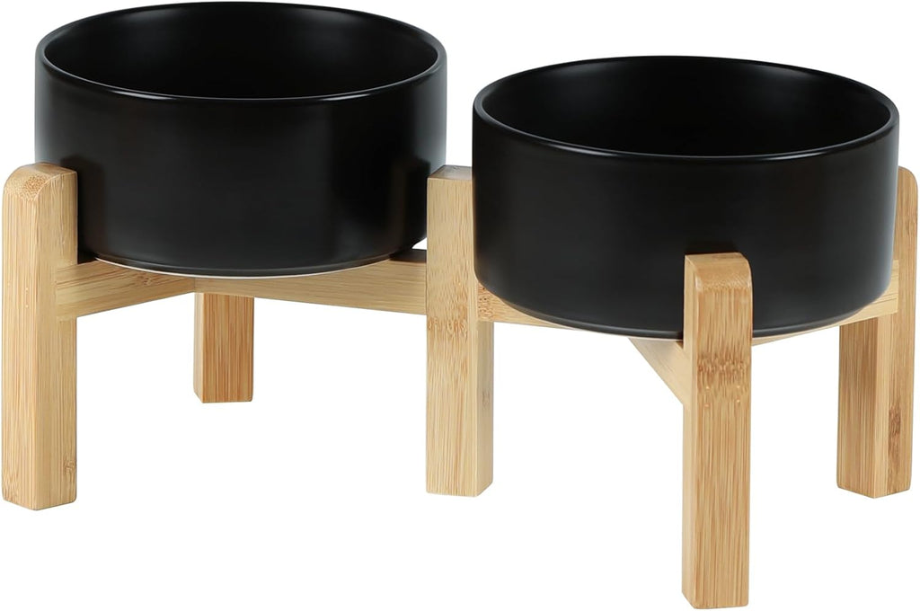 Ceramic Raised Double Bowls Set with Stand, 2 Heights Elevated, Food & Water Bowls for Small Breed Dogs, Weighted Dog Dishes, Pet Bowl(6.1'',28.7oz, Black)