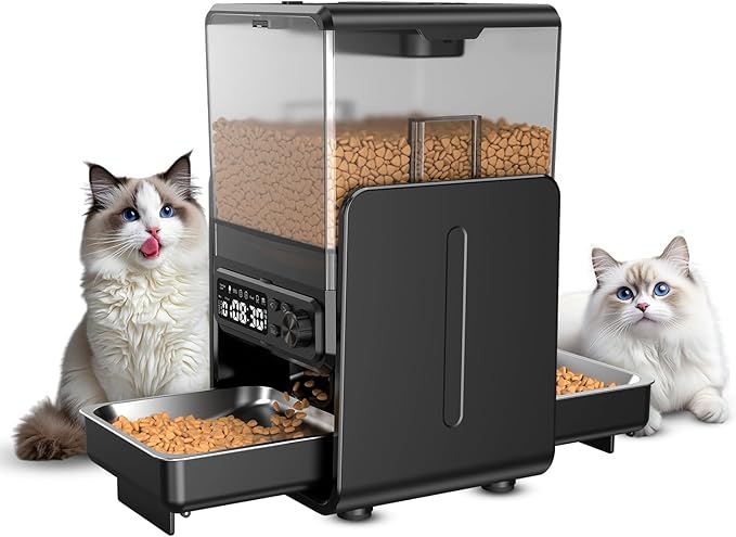 Automatic Cat Feeder for 2 Cats, 5L/20 Cups Food Dispenser with Adjustable Raised Double Bowls, Detachable Control Panel, Timed Cat and Dogs Feeder for Dry Food, Dual Power Supply