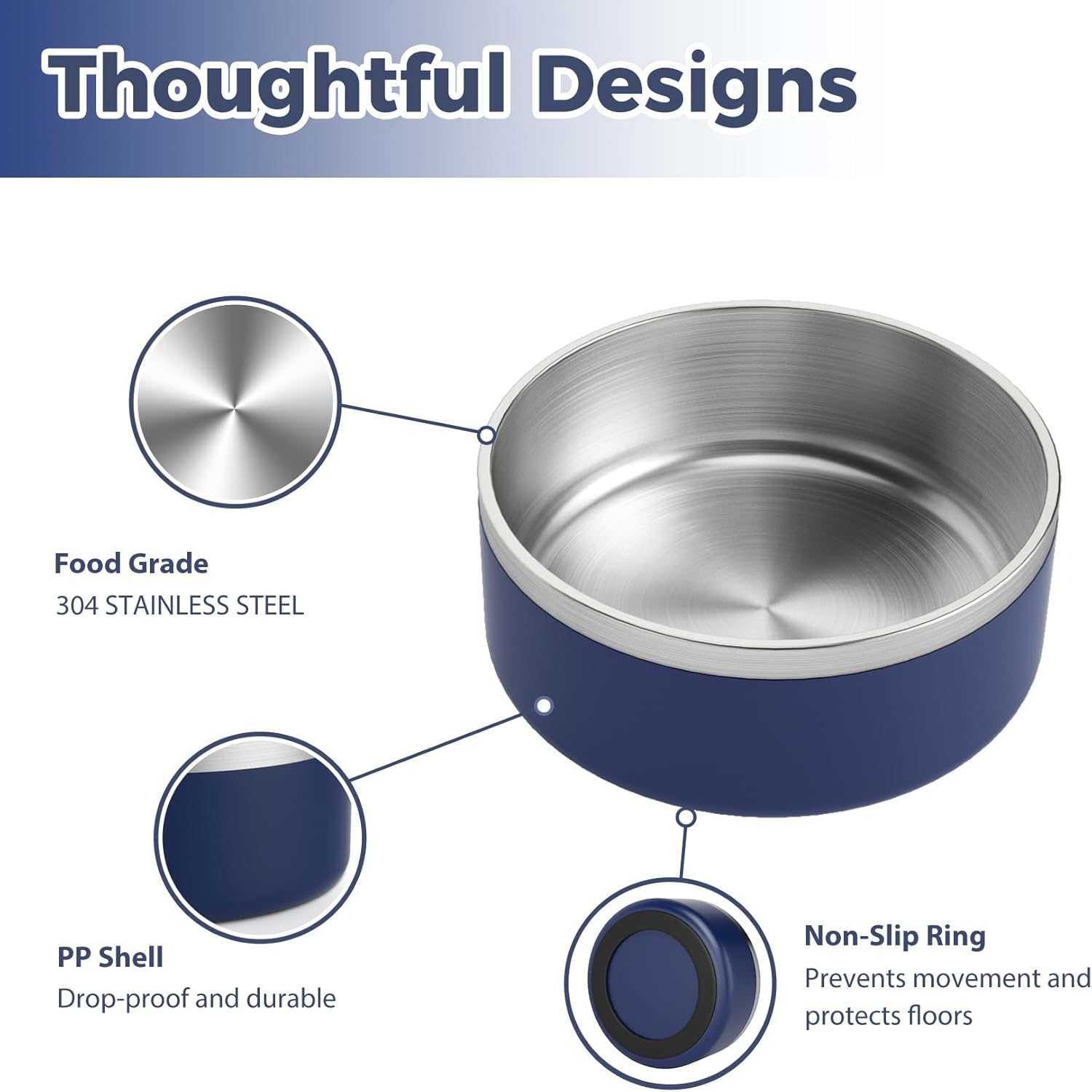 Stainless Steel Dog Bowl, Metal Water and Food Dish for Large Dogs, Insulated Non-Slip Pet Bowl, Easy Clean, 40oz, Blue