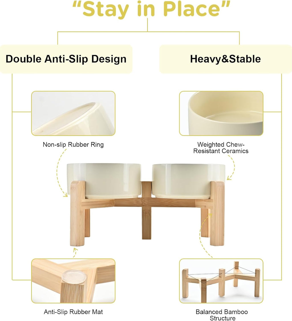SPUNKYJUNKY Elevated Dog Bowls Ceramic, 6.1'' Dogs and Cat Food Water Bowls Raised with Non-Slip Bamboo Stand for Medium Sized Breed Microwave Dishwasher Safe - 28.7 OZ,Beige