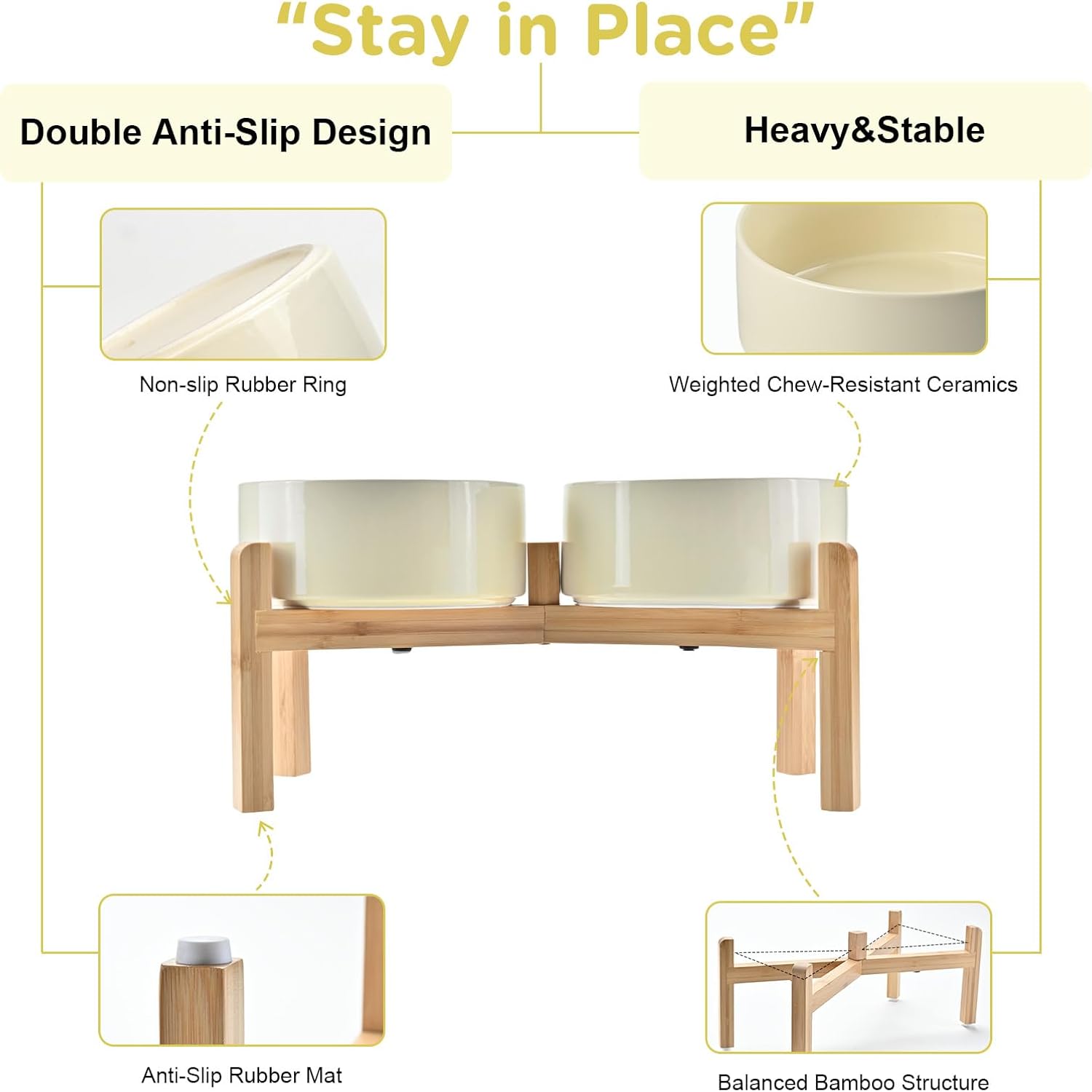 SPUNKYJUNKY Elevated Dog Bowls Ceramic, 7.3'' Dogs Food Water Bowls Raised with Non-Slip Bamboo Stand for Medium to Large Sized Breed Microwave Dishwasher Safe - 42 OZ,Beige