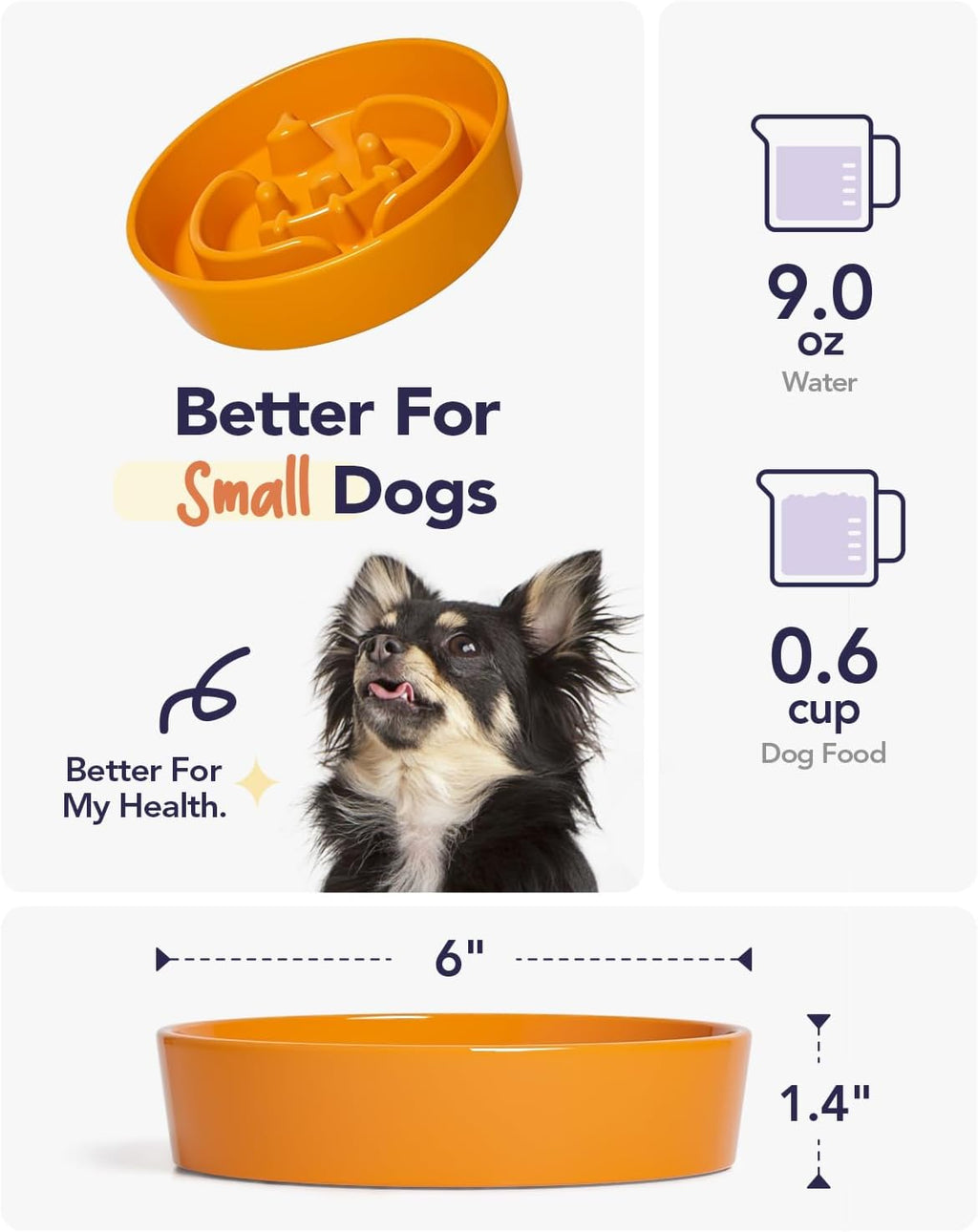 LE TAUCI Ceramic Slow Feeder Dog Bowls Small Breed, 0.6 Cups Dog Food Dish for Fast Eaters, Puzzle Bowl for Small Dogs and Cats,Pumpkin Orange