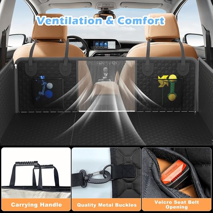 Dog Car Seat Cover, Hard Bottom Back Seat Extender for Dogs, Non-Slip Reat Seat Protector with Mesh Window & Side Flap, Dog Hammock for Car, SUV, Small Trucks