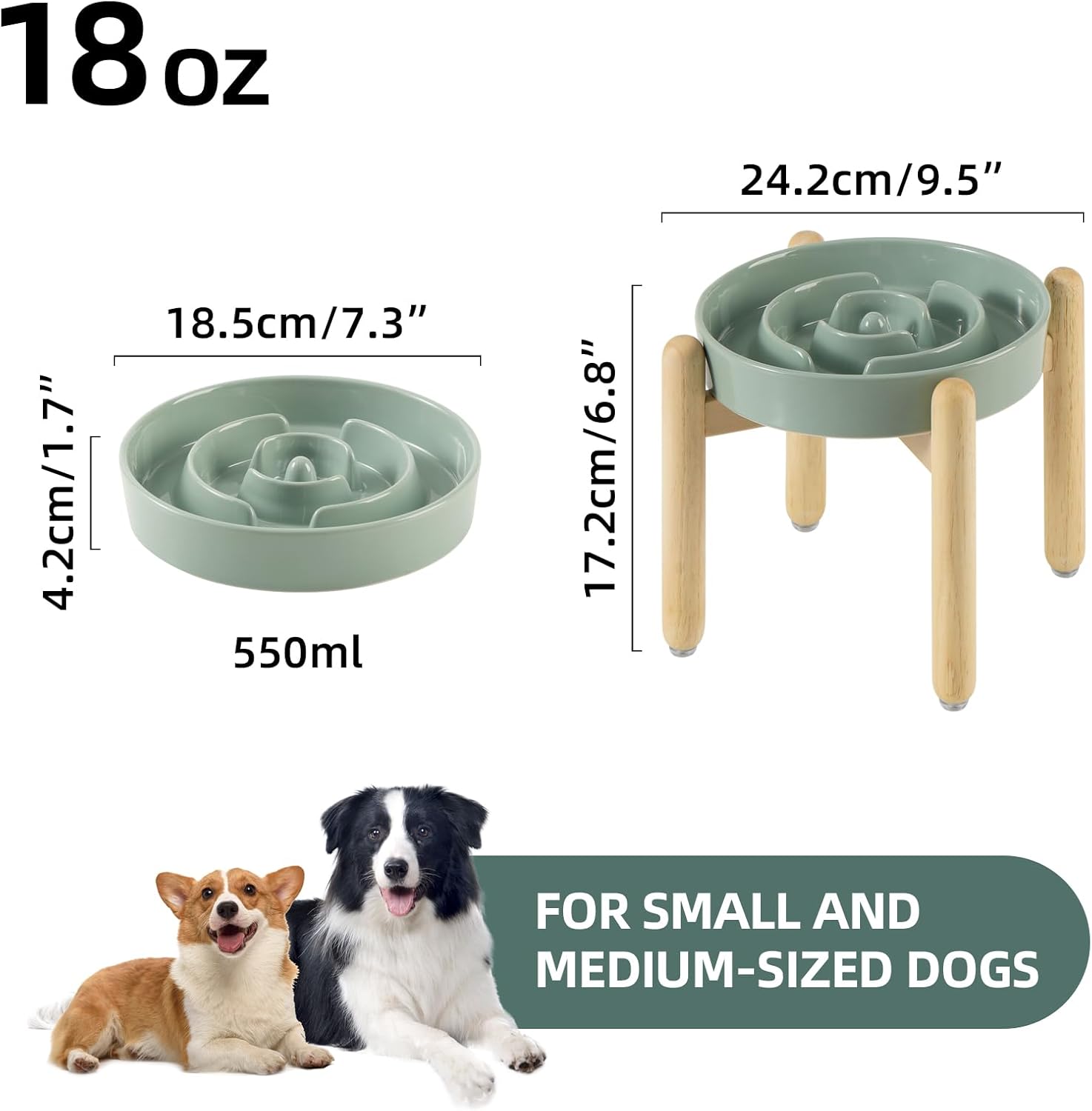 7.3inch Ceramic Raised Slow Feeder Dog Bowl Set, Elevated Wooden Stand for Medium and Small Dog, Puzzle Slow Dish, Preventing Choking(Light Green, Single Bowl+ Stand)