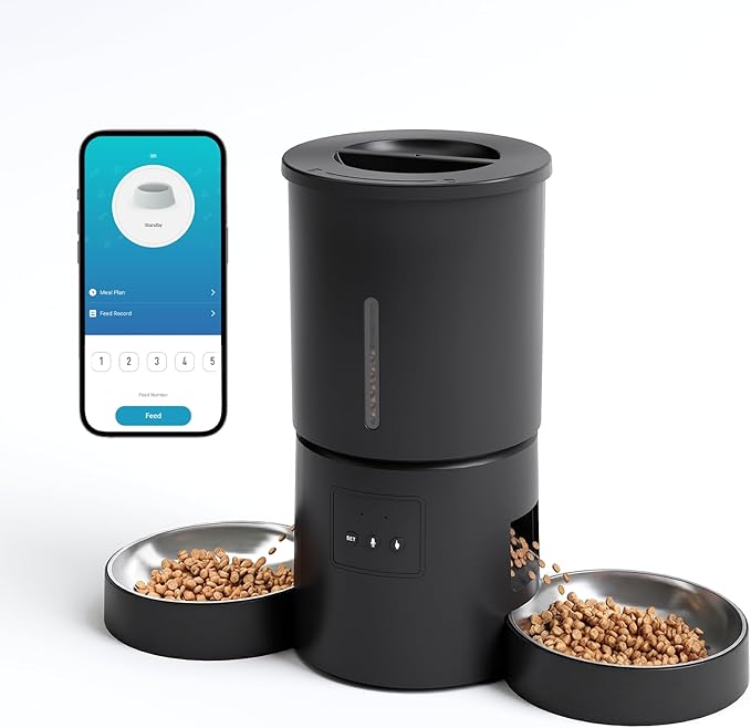 Automatic Cat Feeder 2 Cats,2.4G WiFi Timed Auto Cat Food Dispenser with Dual Bowls,4.2L Smart App Control,Equal Portion Feeding for Multiple Cats (Black, 4.2L WiFi Dual Bowl)