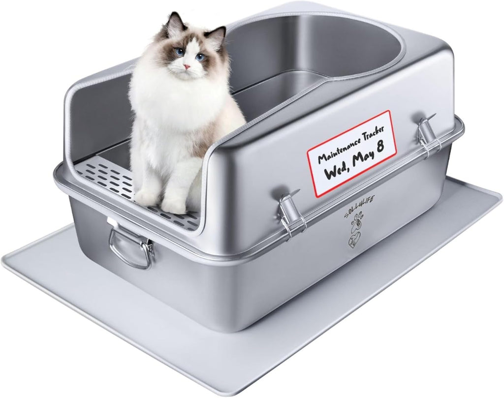 XL Metal Cat Litter Box with Lid – Non-Stick, Odor Control, Stainless Steel, Rust-Resistant, High-Sided – Easy to Clean with Handles, No-Slip Base, Leak-Proof Seal, 5 Clips, Cleaning Tracker