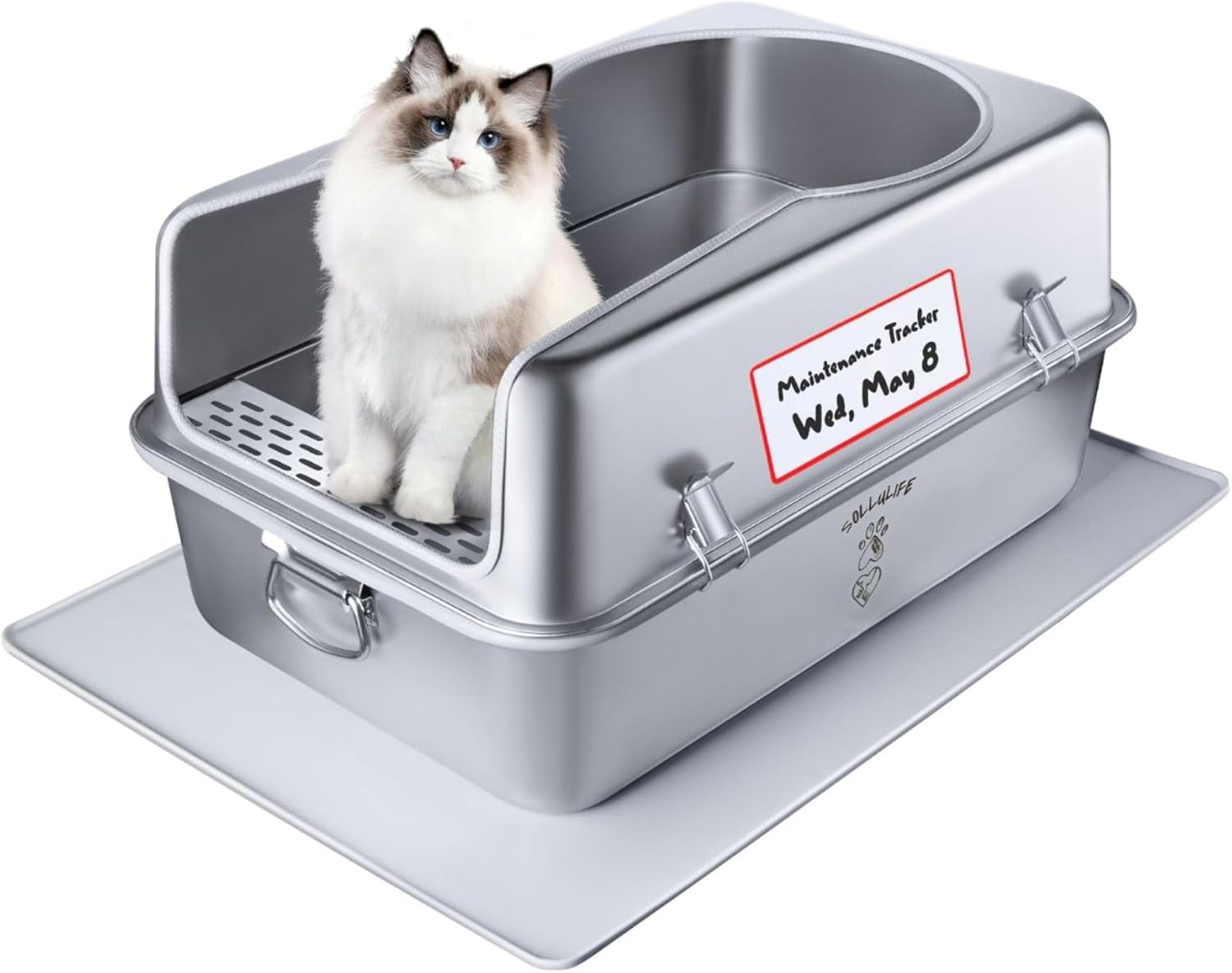 XL Metal Cat Litter Box with Lid – Non-Stick, Odor Control, Stainless Steel, Rust-Resistant, High-Sided – Easy to Clean with Handles, No-Slip Base, Leak-Proof Seal, 5 Clips, Cleaning Tracker