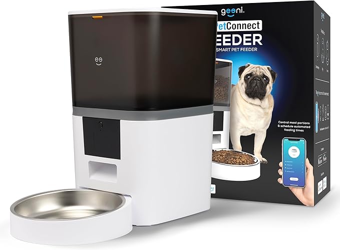 Geeni 6L Smart Pet Feeder - Automatic Cat and Dog Food Dispenser, WiFi Control, Voice Recorder, Battery Backup, Large Capacity, Portion Control - White