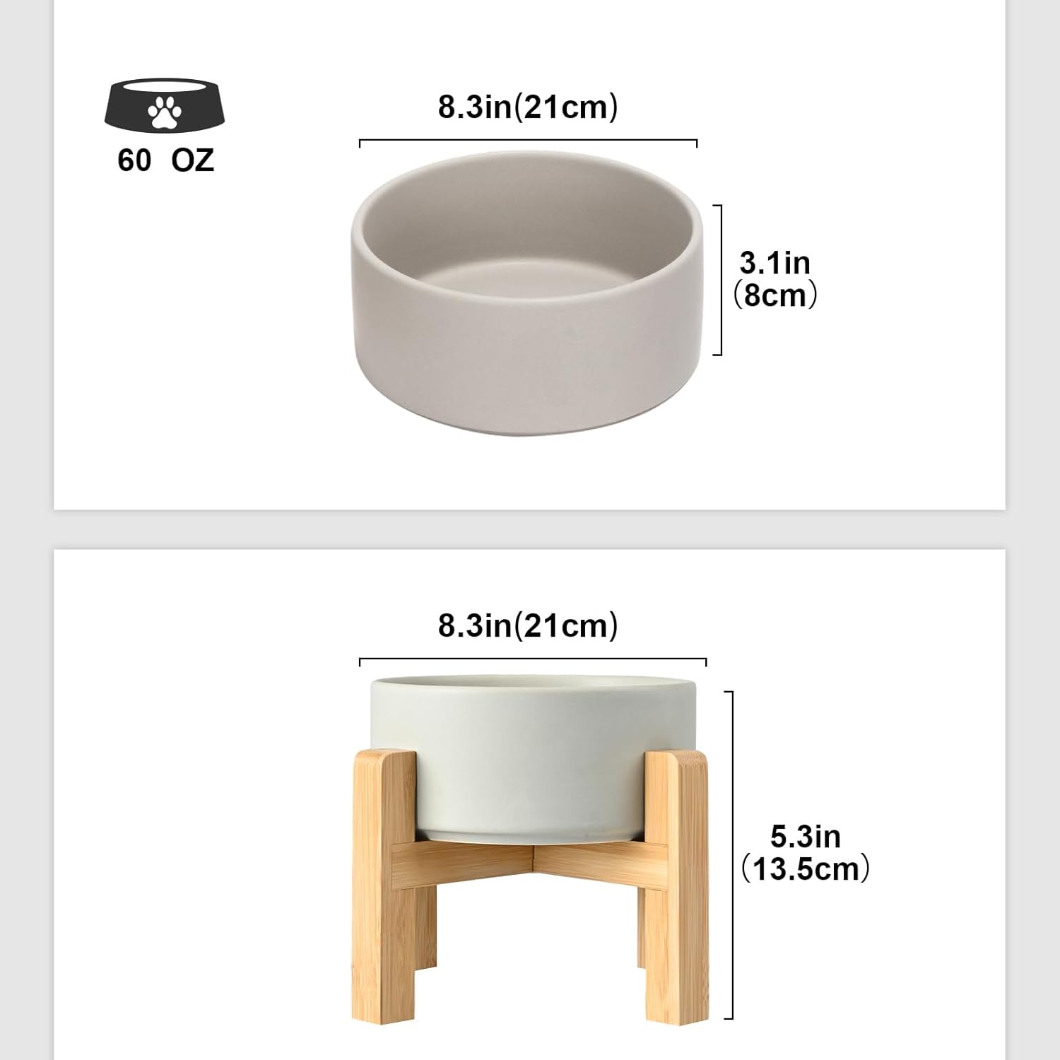 SPUNKYJUNKY Ceramic Elevated Dog Bowls 2 Pack - 8.3inch Raised Dog Bowls with Non-Slip Wooden Stand for Large Dogs Dishwasher Safe(Grey,60OZ*2)