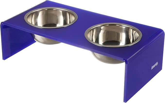 The LICKER Store DBL2000F Keaton 5" Small/Medium Modern Acrylic Rectangular Elevated Pet Feeder with 20oz 2-Stainless Steel Bowls, Purple/Chrome