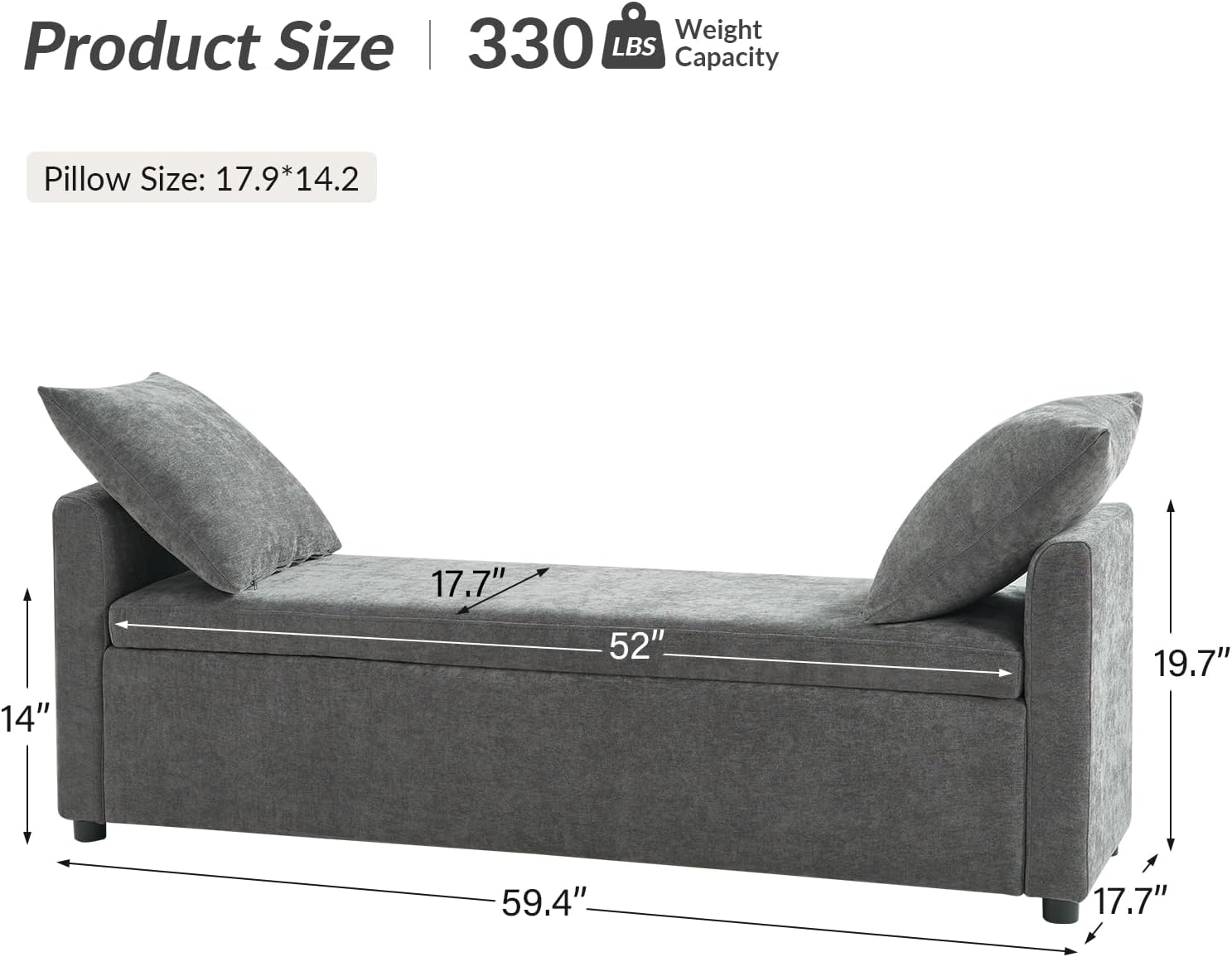 HULALA HOME Modern Storage Bench with Throw Pillows, 59.4" Extra Long Bedroom Ottoman Bench for End of Bed, Comfy Upholstered Footstool for Entryway Dining Room Living Room, Charcoal