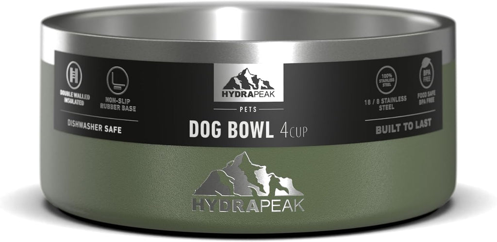 Hydrapeak Dog Bowl; Non Slip Stainless Steel; Water and Food Dish; Large Sized and Small Dogs; 32oz 64oz; Multiple Sizes; 4 Cup | Sage Leaf