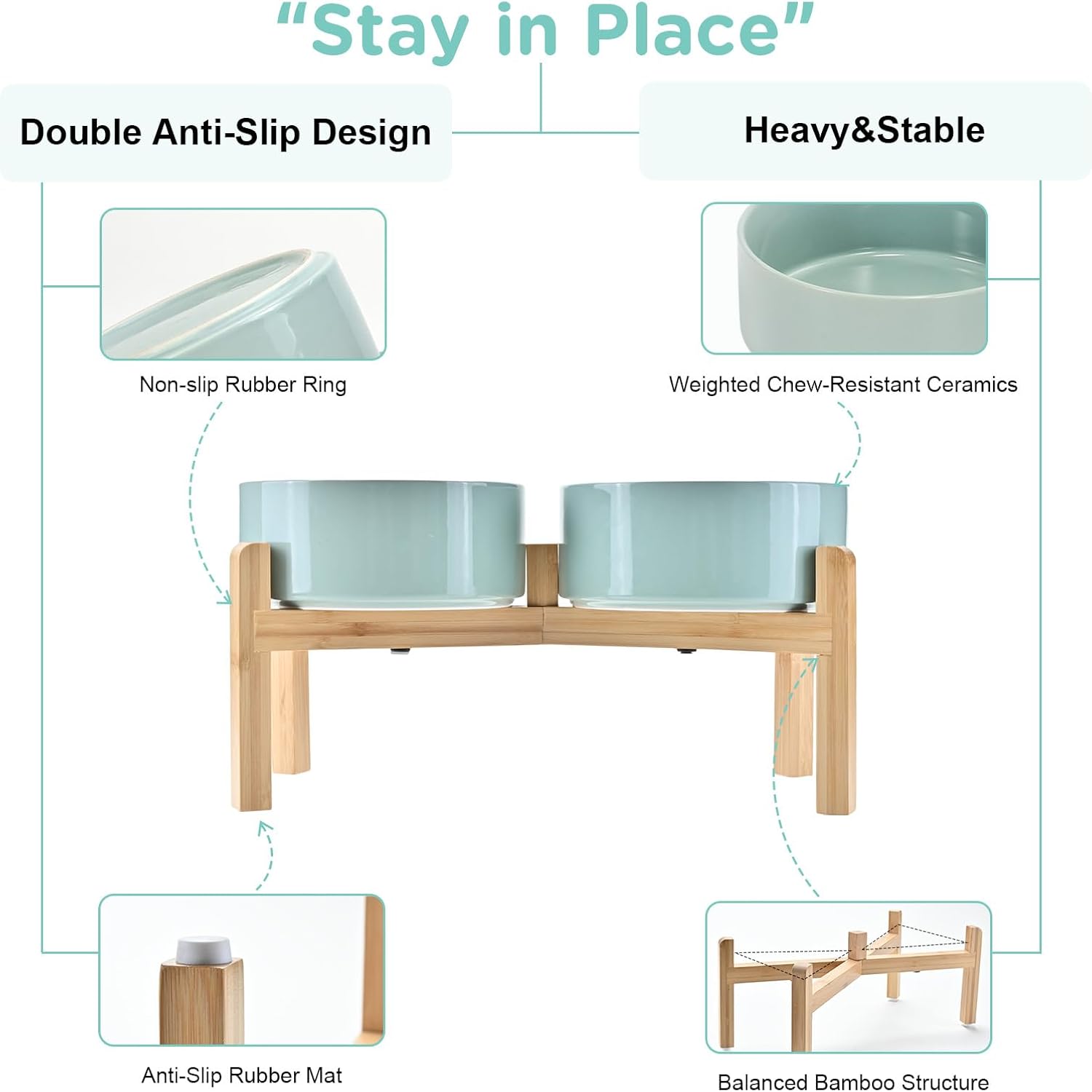 SPUNKYJUNKY Elevated Dog Bowls Ceramic, 7.3'' Dogs Food Water Bowls Raised with Non-Slip Bamboo Stand for Medium to Large Sized Breed Microwave Dishwasher Safe - 42 OZ,Light Green