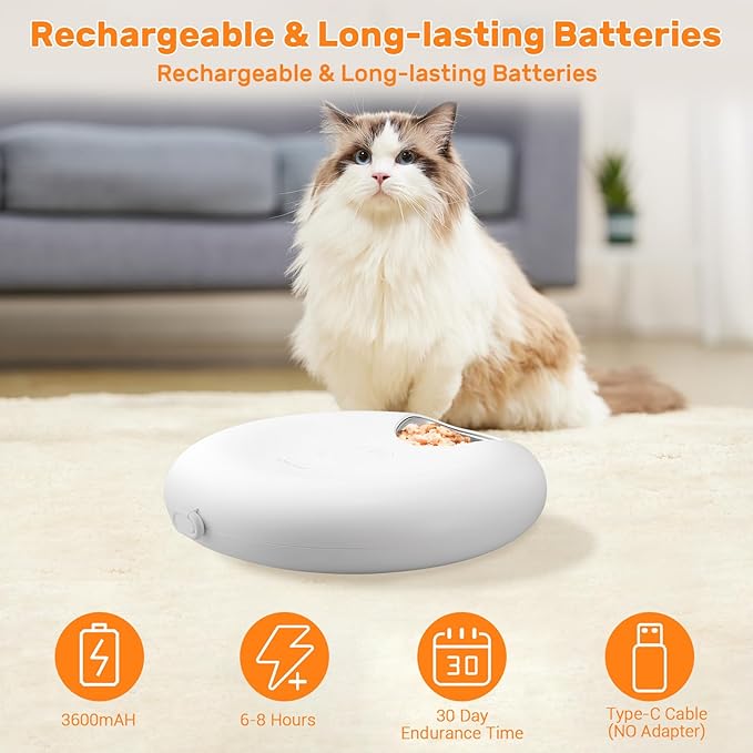 Automatic Cat Feeder for Wet Food, Stainless Steel Tray 6 Meals Dispenser with 2 Ice Packs, Programmable Timer, Rechargeable Cordless Auto Pet Feeder for Cats Small Dogs