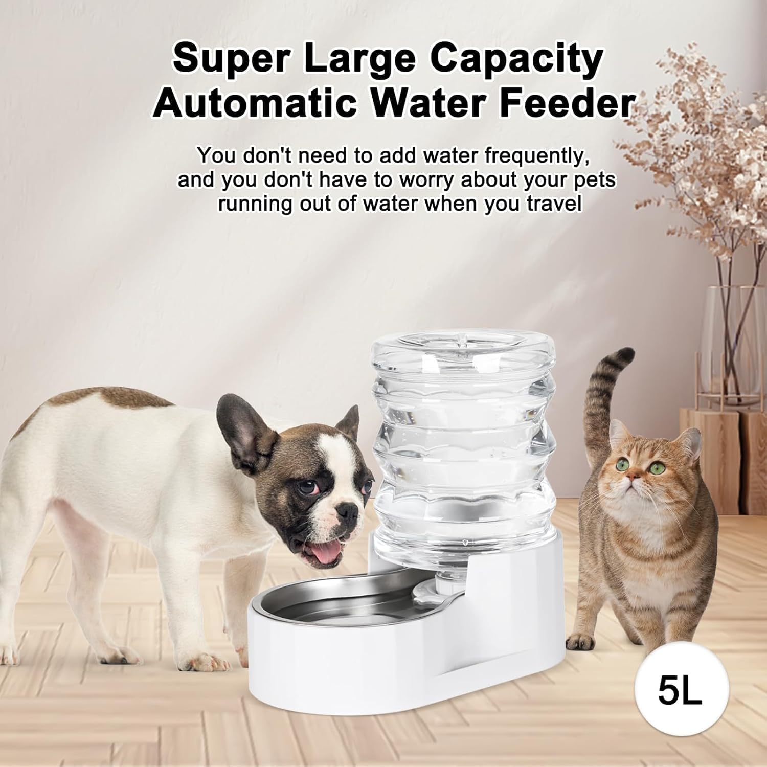 RIZZARI Dog Water Bowl Dispenser: 5L Automatic Stainless Steel Gravity Feeder - Large Capacity Ideal for Indoor and Outdoor Hydration