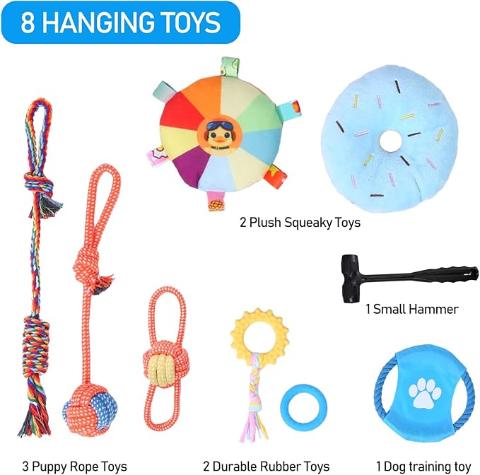Puppy Play Gym with 8 Hanging Toys for Small Dogs Cats, 19.5 inch Indoor Puppies Jungle Playground with Suction Cups, Interactive Funny Enrichment Activity Center to Keep Them Busy, PVC Frame