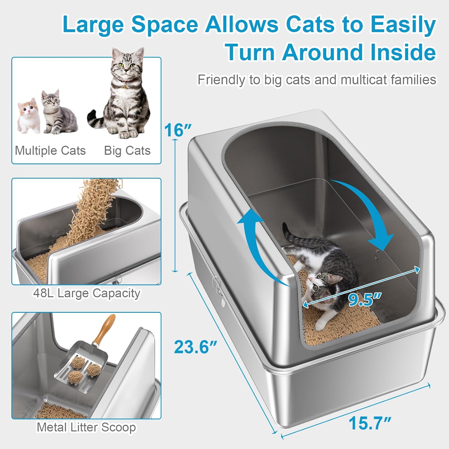 16'' High Sides XXXL All Stainless Steel Cat Litter Box with Lid,8'' Deep Metal Litter Box for Big Cats,Extra Large Litter Boxes with High Wall Enclosure,Anti-Leakage,Never Absorbs Odors,Non-Sticky